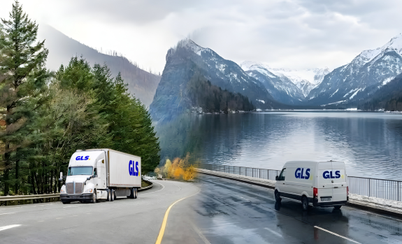 Image of Freight truck driving down a fall road merging with an image of a parcel van in winter.