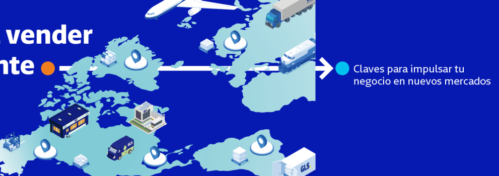 Empieza a vender globalmente con GLS: claves para impulsar tu negocio en nuevos mercados. Ilustración de mapa mundial con transportes, almacenes y localizaciones logísticas que representan la expansión internacional y el comercio electrónico global.