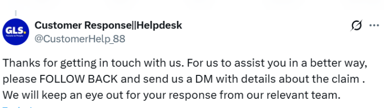 Screenshot of a fraudulent social media account impersonating GLS to deceive users and obtain personal information under the pretext of customer support.