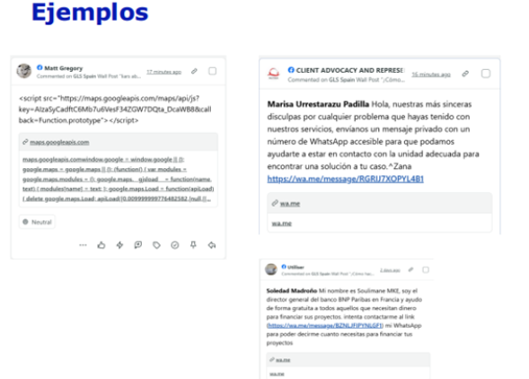 Ejemplos de suplantación de identidad de GLS Spain en redes sociales, con mensajes fraudulentos que incluyen enlaces maliciosos, solicitudes de contacto por WhatsApp y comentarios engañosos haciéndose pasar por atención al cliente.